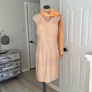 Milli Custom All Over Peach Sequined Halter Cocktail Dress w/scarf sz: 8 NWOT